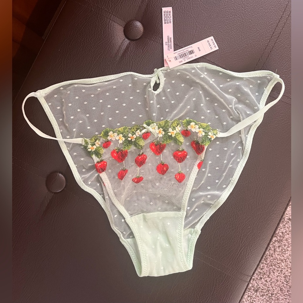 Sheer Mint Strawberry Embroidered Bikini Panty
